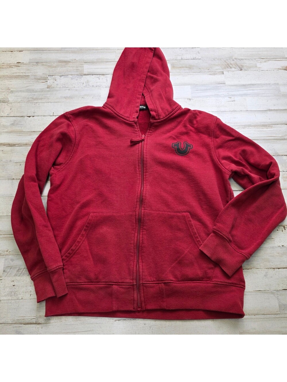 True Religion Hoodie L Red Full Zip Sweatshirt Logo Graphic Front Back Cotton